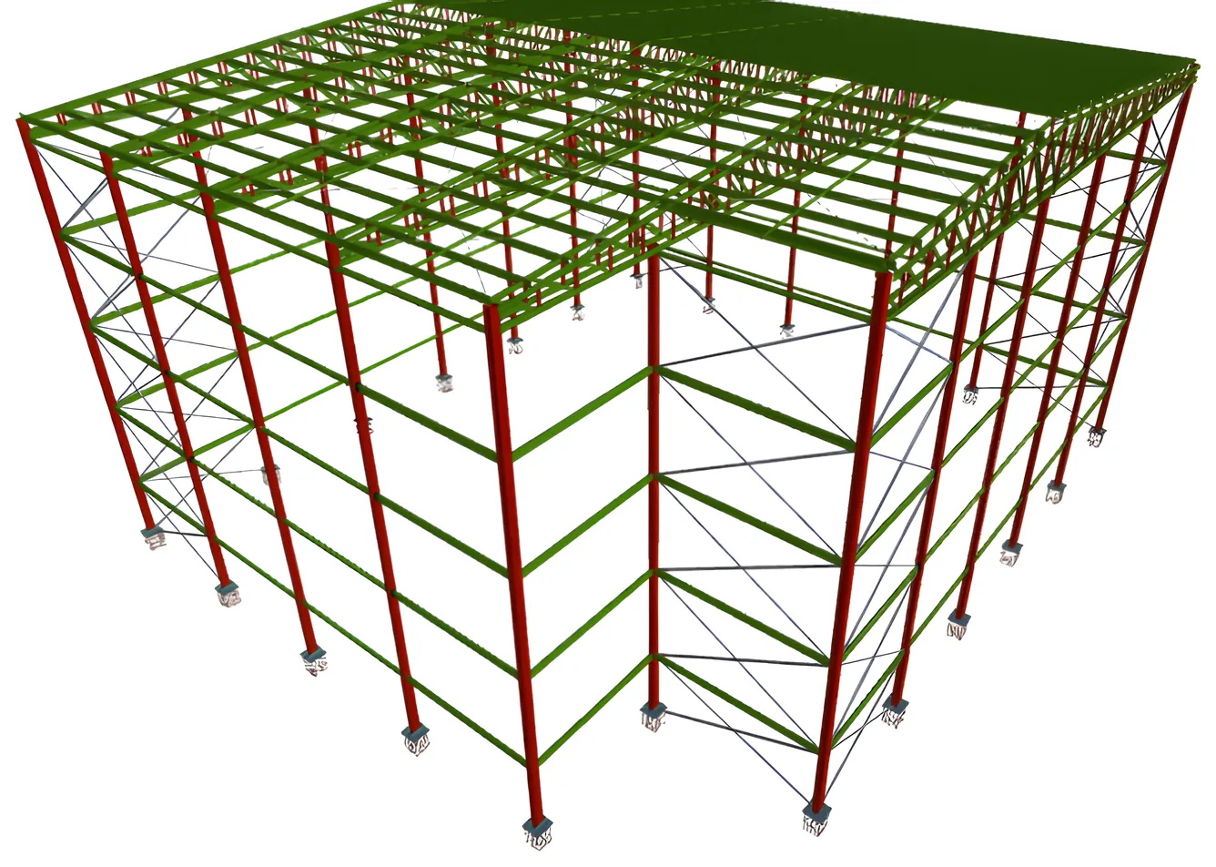 Modelo estructural de bodega metálica de 2.000 m² en Bogotá con pórticos y cerchas de cubierta