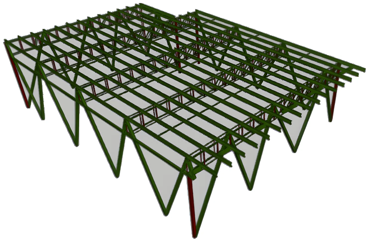 Modelo estructural de la cubierta de cancha del Colegio La Montaña con cerchas en diente de sierra