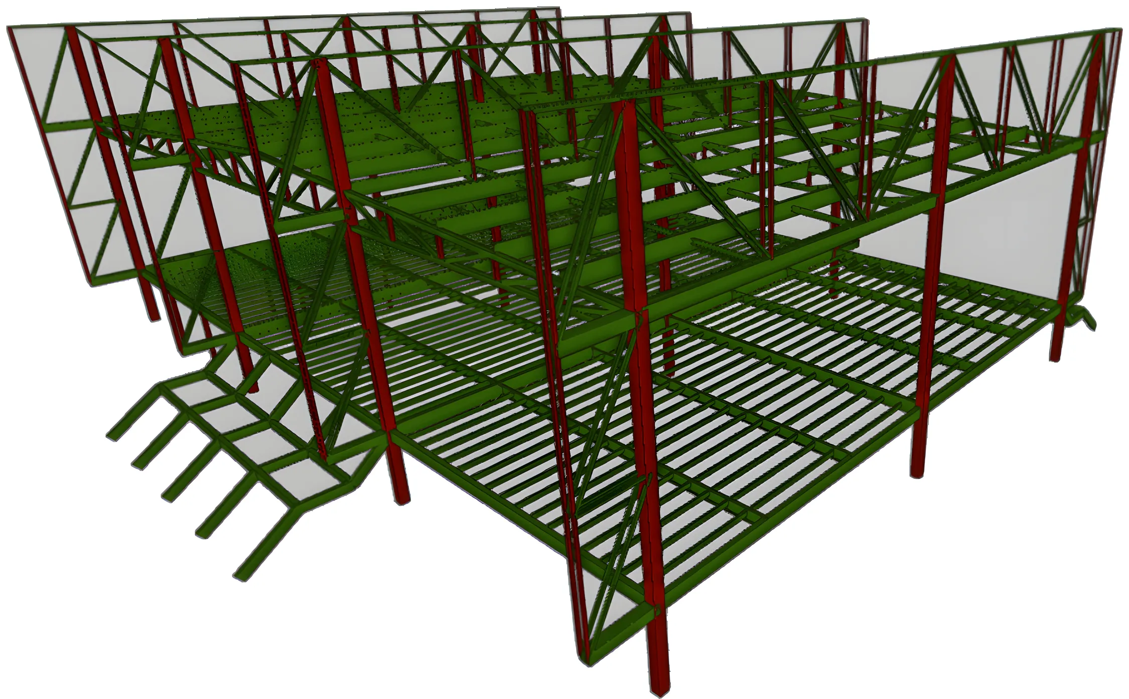 Modelo estructural de sala de ventas metálica de dos niveles